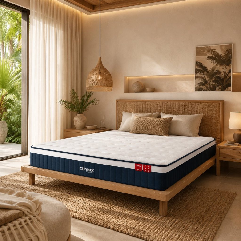 Colchão Climax Açores num quarto com cama de madeira