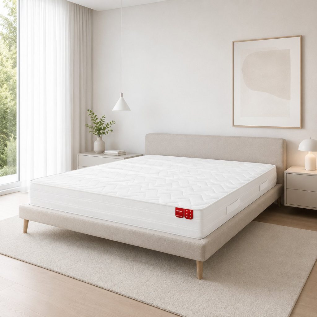 Colchão Climax Monsanto num quarto claro com cama estofada