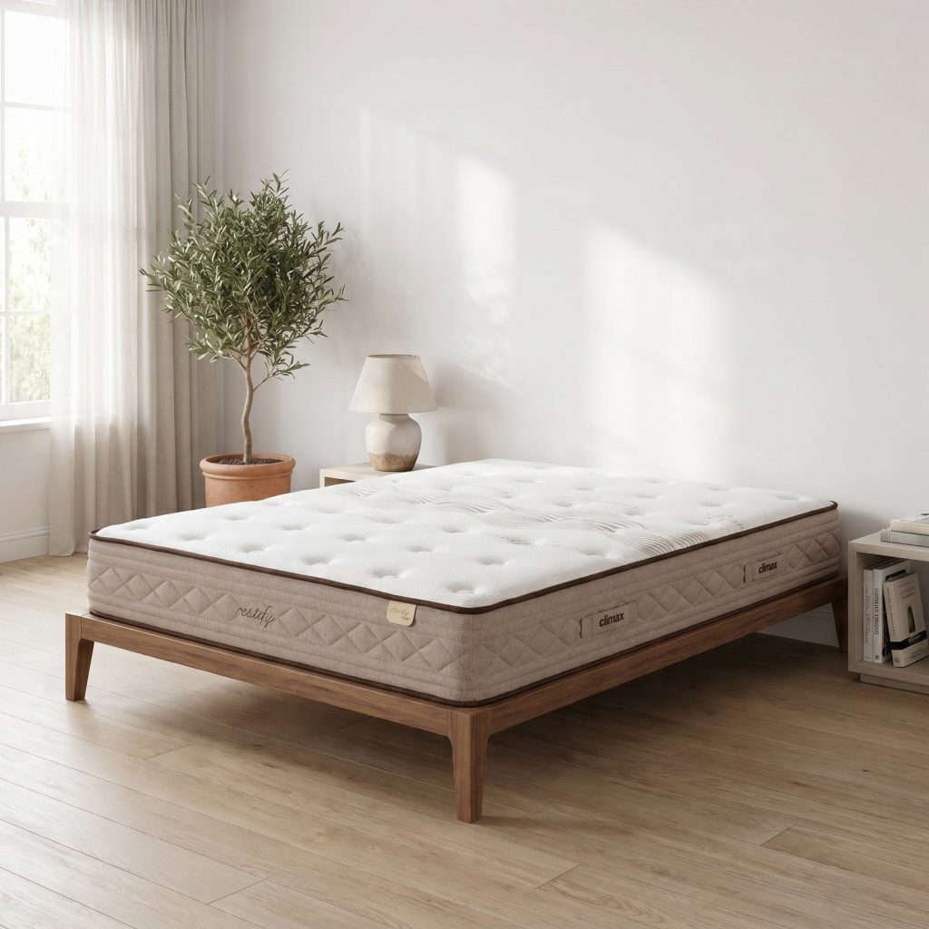 Colchão Climax Restify numa cama de madeira num quarto claro