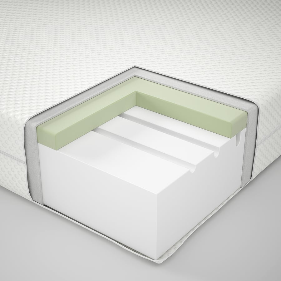 IKEA ÅBYGDA em corte, com a espuma memory sobre a base de espuma
