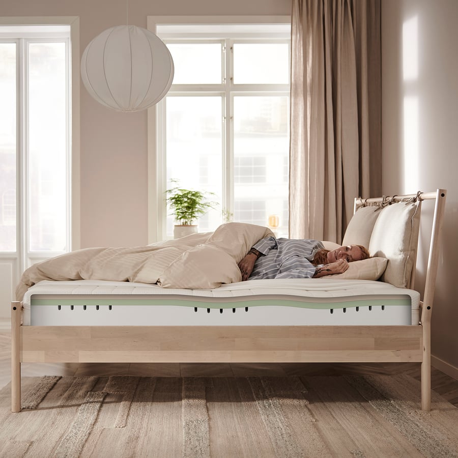 Colchão IKEA ÅKREHAMN numa cama de madeira, com as camadas ilustradas