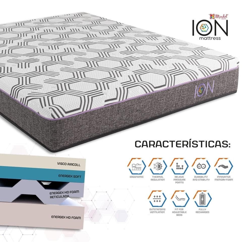 Colchão Mindol ION com tampo de padrão hexagonal e corte das camadas