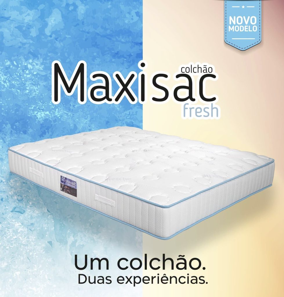 Colchão Mindol Maxisac Fresh em fundo azul com o lema um colchão, duas experiências