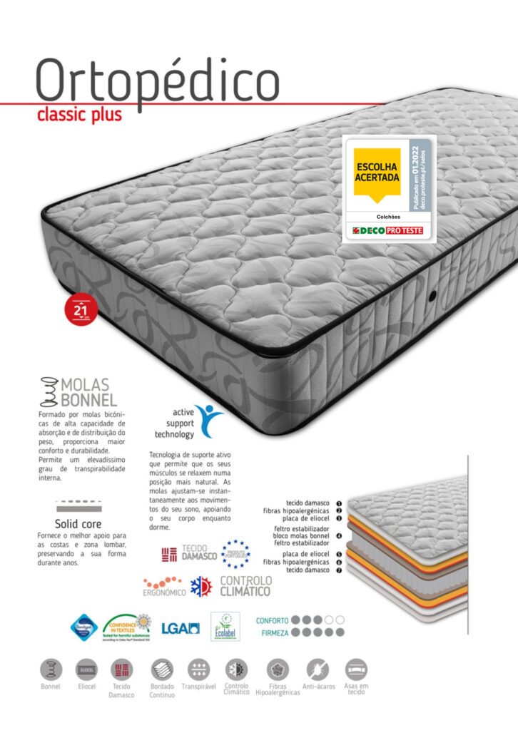 Ficha técnica do colchão Mindol Ortopédico Classic Plus com camadas e molas Bonnell