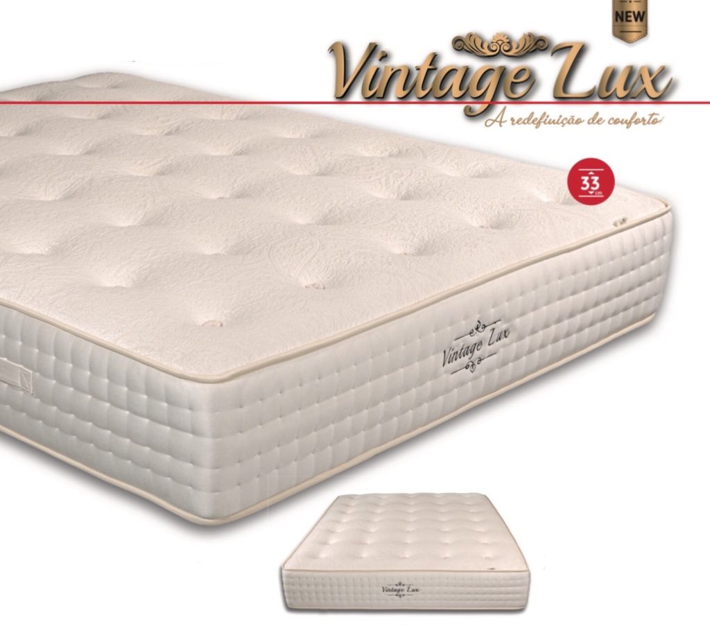 Colchão Mindol Vintage Lux, canto com o nome do modelo e a altura de 33 cm