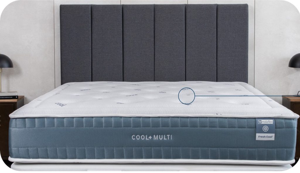 Colchão Molaflex Fresh Cool Multielástic numa cama, com a faixa lateral Cool Multi à vista