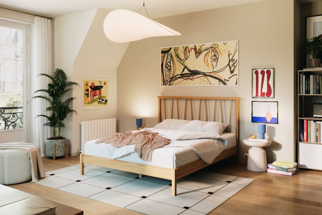 Cama Leni com cabeceira em pinho maciço num quarto