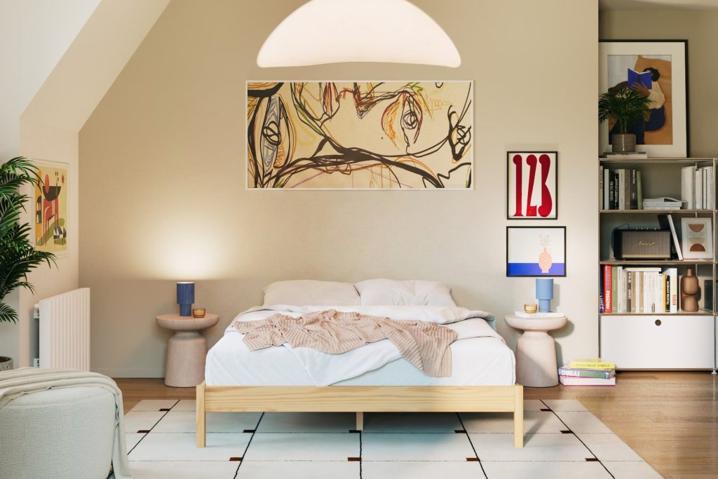 Estrado Leni com colchão e roupa de cama num quarto