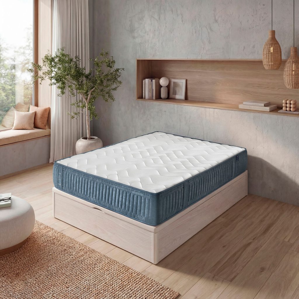 Colchão Somnalis Technofresh Z sobre uma base num quarto com estante